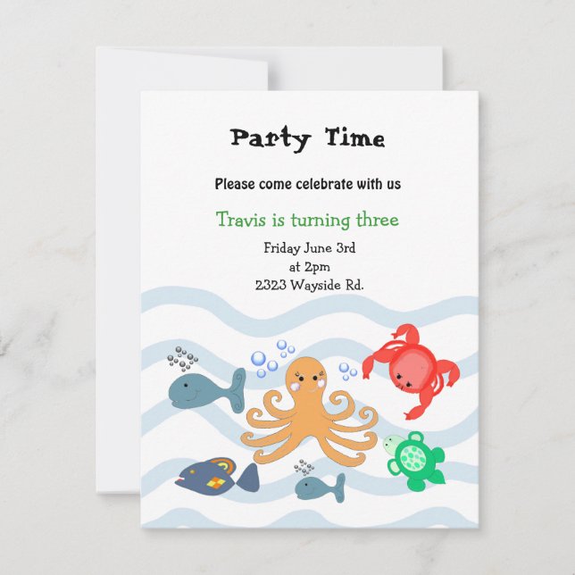 Invitation d'anniversaire de créatures marines (Devant)