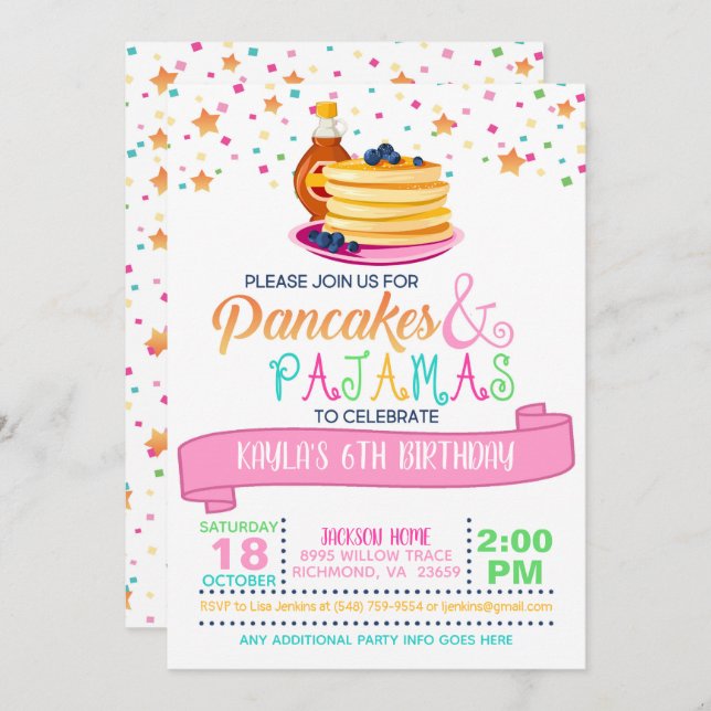 Invitation d'anniversaire de crêpes et de pyjamas (Devant / Derrière)