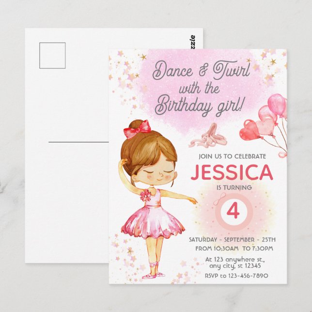 Invitation d'anniversaire de danse de ballet rose  (Devant / Derrière)