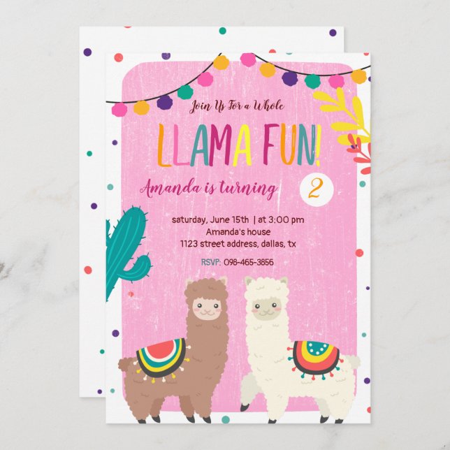 Invitation d'anniversaire de deux lamas (Devant / Derrière)
