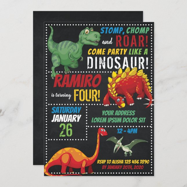 Invitation d'anniversaire de Dinosaur (Devant / Derrière)