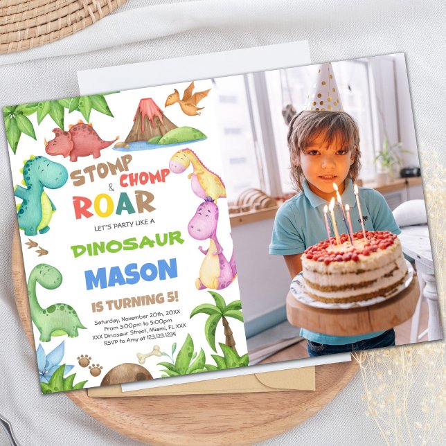 Invitation d'anniversaire de Dinosaur avec photo (Green Watercolor Dinosaur Birthday photo Invitation)