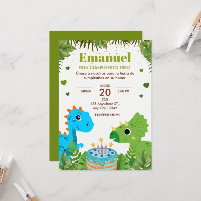 Invitation d'anniversaire de Dinosaur, espagnol (Devant/Arrière en situation)