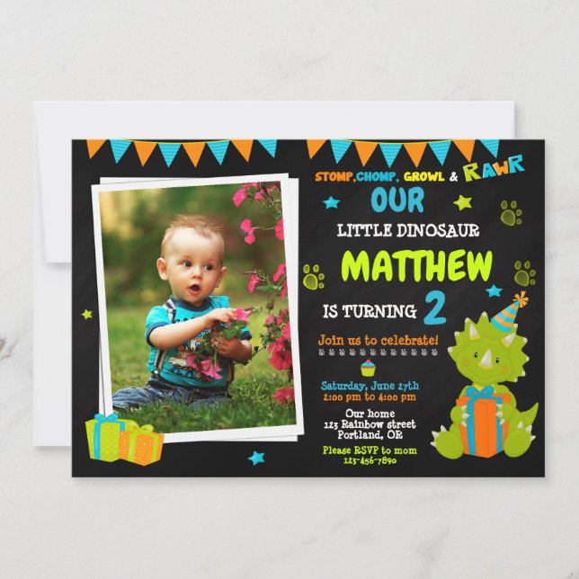 Invitation d'anniversaire de dinosaure avec photo  (Devant)
