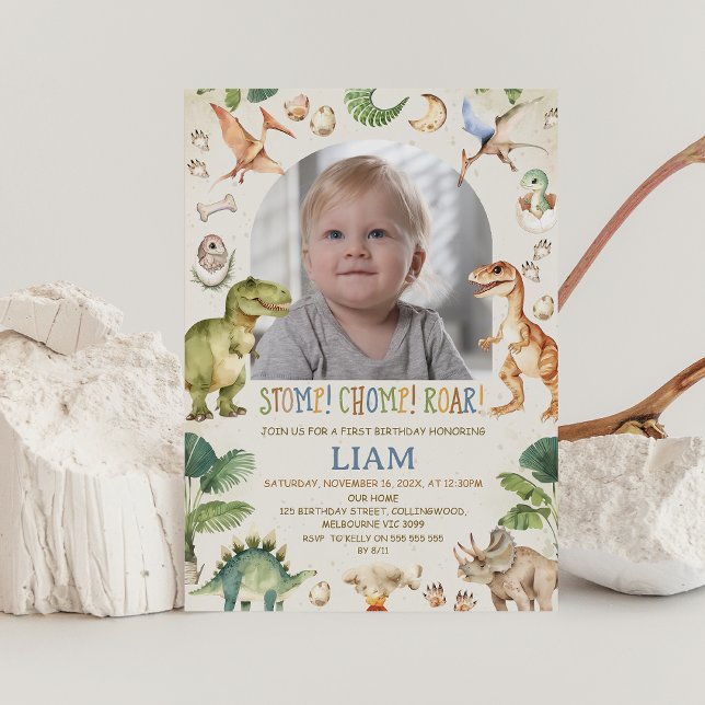 Invitation d'anniversaire de dinosaure Brown Stomp (Dinosaur Birthday Invitation, Dino, Stomp Chomp Roar Invitation, Stomp Chomp and Roar Invite, Photo)