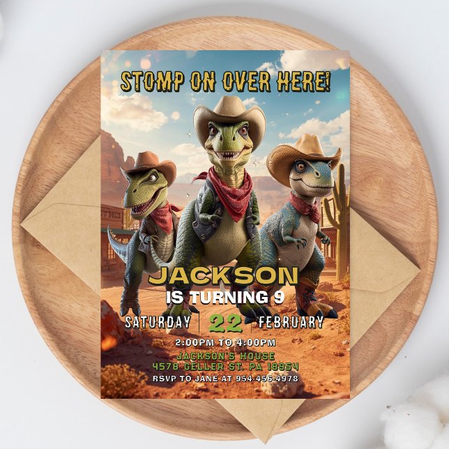 Invitation d'anniversaire de dinosaure cowboy Invi (Créateur téléchargé)