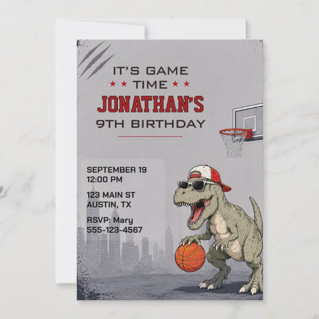 Invitation d'anniversaire de dinosaure de basketba (Devant)