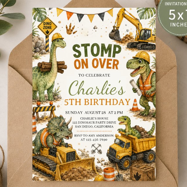 Invitation d'anniversaire de dinosaure de construc (Créateur téléchargé)