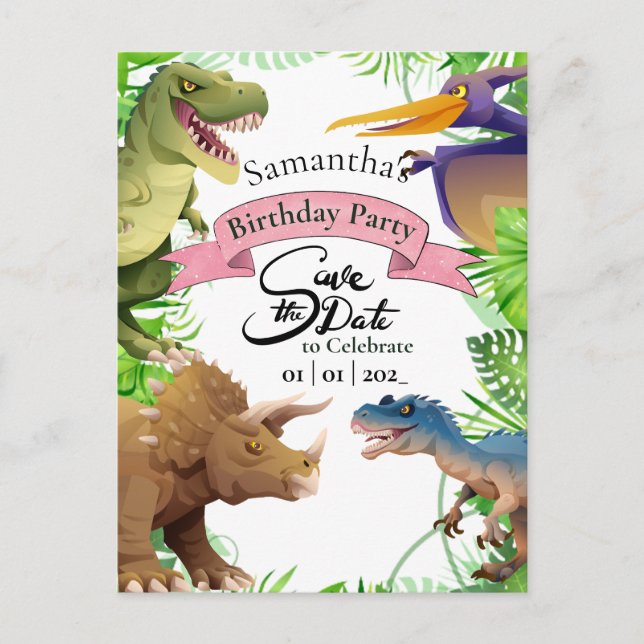 Invitation d'anniversaire de dinosaure de fille ad (Devant)