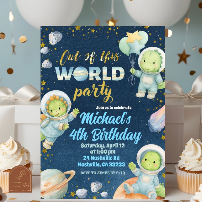 Invitation d'anniversaire de dinosaure de l'espace (Créateur téléchargé)