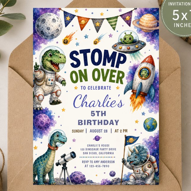 Invitation d'anniversaire de dinosaure de l'espace (Créateur téléchargé)