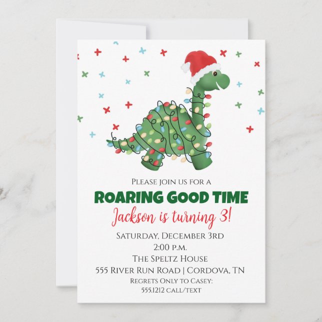 Invitation d'anniversaire de dinosaure de Noël (Devant)