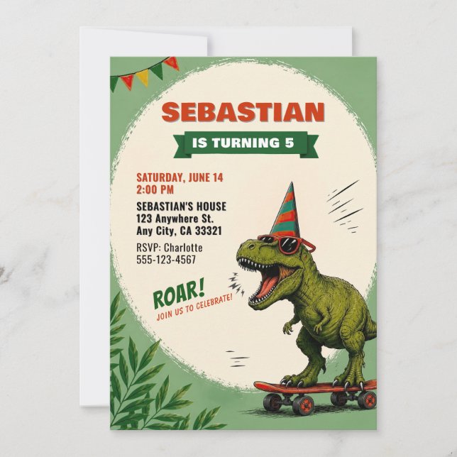 Invitation d'anniversaire de dinosaure de skateboa (Devant)