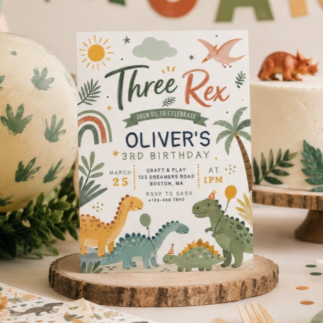Invitation d'anniversaire de dinosaure de trois Re (Créateur téléchargé)