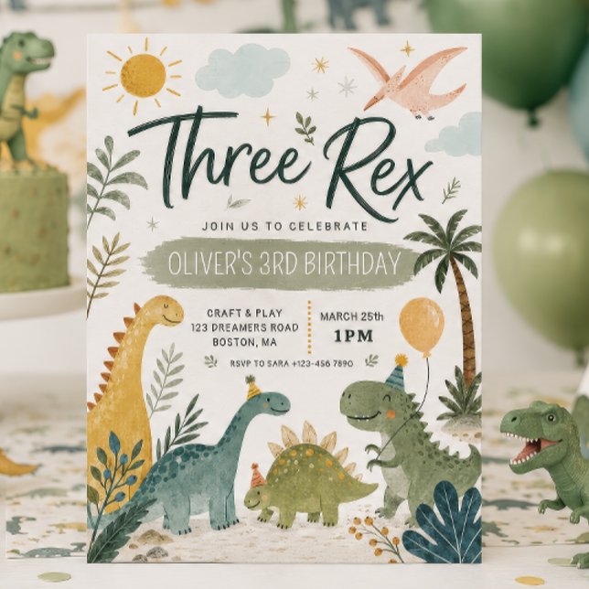 Invitation d'anniversaire de dinosaure de trois Re (Créateur téléchargé)