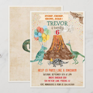 Invitation d'anniversaire de dinosaure de volcan p