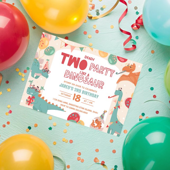 Invitation d'anniversaire de dinosaure deux. Dino  (Dinosaur Birthday Invitation Two. Modern Boy Dino
)