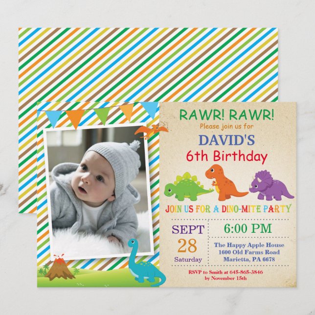 Invitation d'anniversaire de dinosaure Fête de Din (Devant / Derrière)