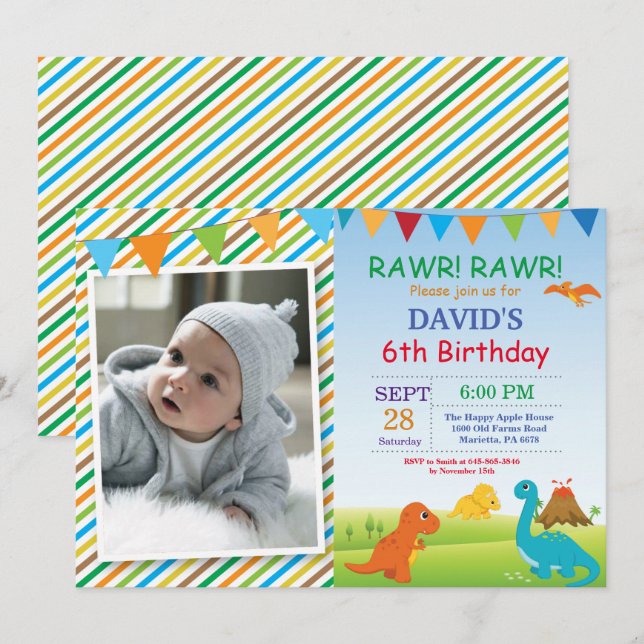 Invitation d'anniversaire de dinosaure Fête de Din (Devant / Derrière)