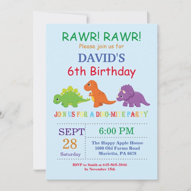 Invitation d'anniversaire de dinosaure Fête de Din (Devant)