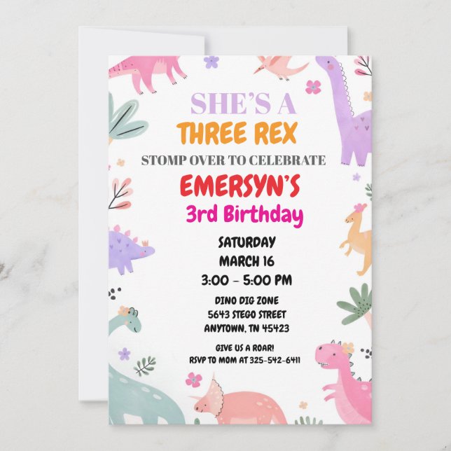 Invitation d'anniversaire de dinosaure Filles Mign (Devant)
