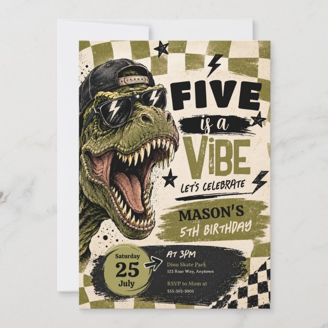 Invitation d'anniversaire de dinosaure Five is a V (Devant)