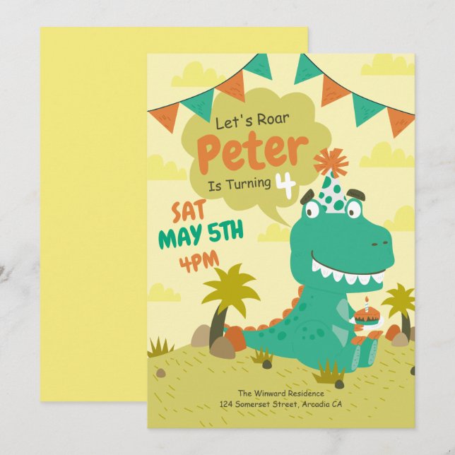 Invitation d'anniversaire de dinosaure, garçon din (Devant / Derrière)