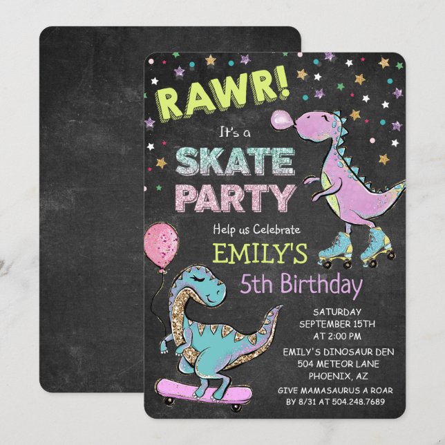 Invitation d'anniversaire de dinosaure mignon pour (Devant / Derrière)