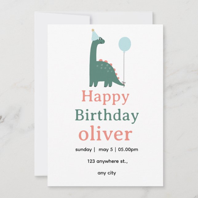 Invitation d'anniversaire de dinosaure mignon pour (Devant)