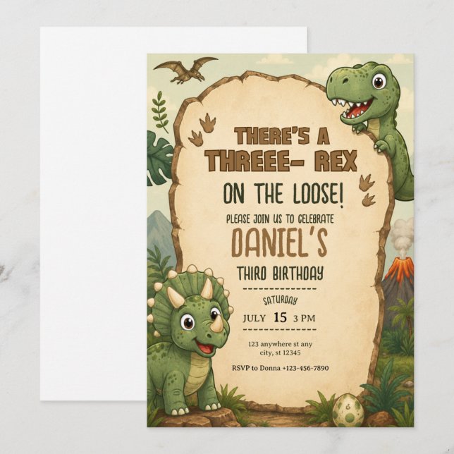 Invitation d'anniversaire de dinosaure mignon pour (Devant / Derrière)