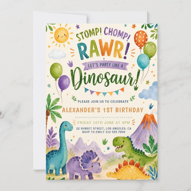 Invitation d'anniversaire de dinosaure mignon pour (Devant)