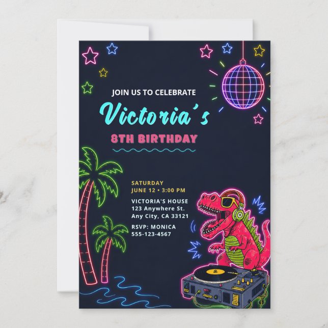 Invitation d'anniversaire de dinosaure néon (Devant)
