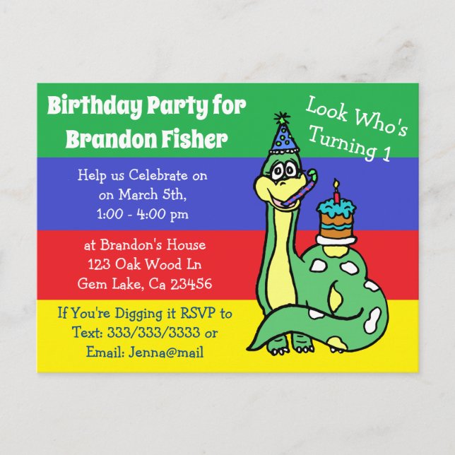 Invitation d'anniversaire de dinosaure personnalis (Devant)