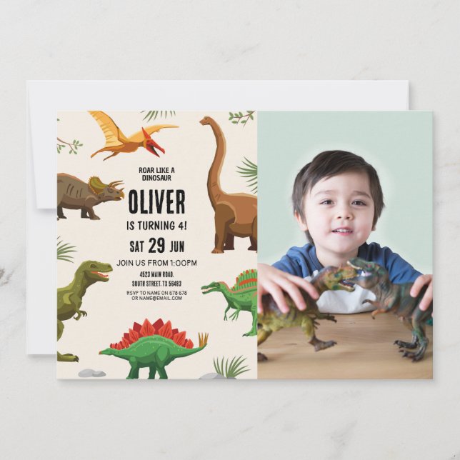 Invitation d'anniversaire de dinosaure pour garçon (Devant)