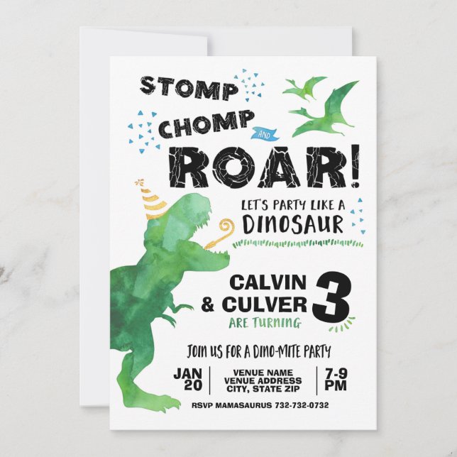 Invitation d'anniversaire de dinosaure pour jumeau (Devant)