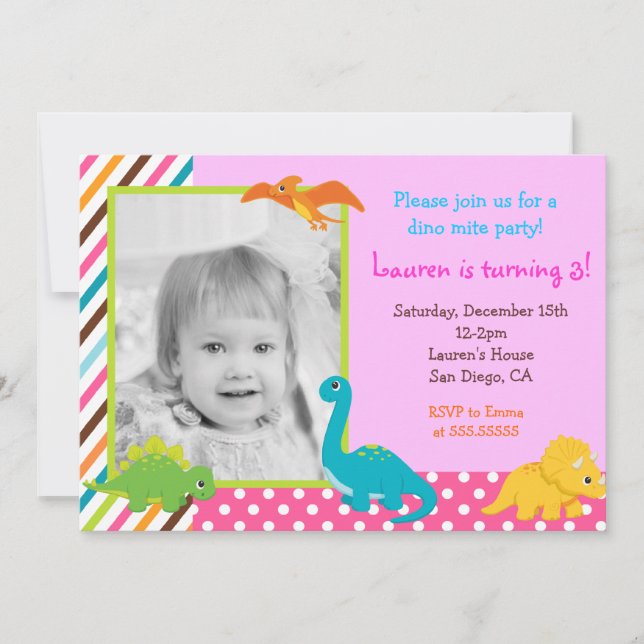 Invitation d'anniversaire de dinosaure pour la (Devant)