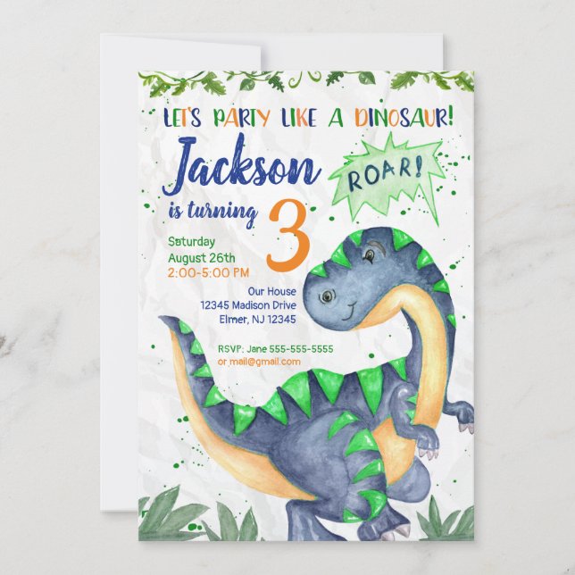 Invitation d'anniversaire de dinosaure pour un (Devant)