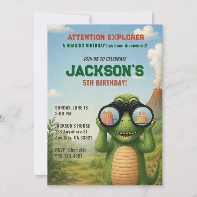 Invitation d'anniversaire de dinosaure rugissant (Devant)