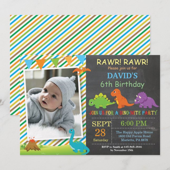 Invitation d'anniversaire de dinosaure sur tableau (Devant / Derrière)