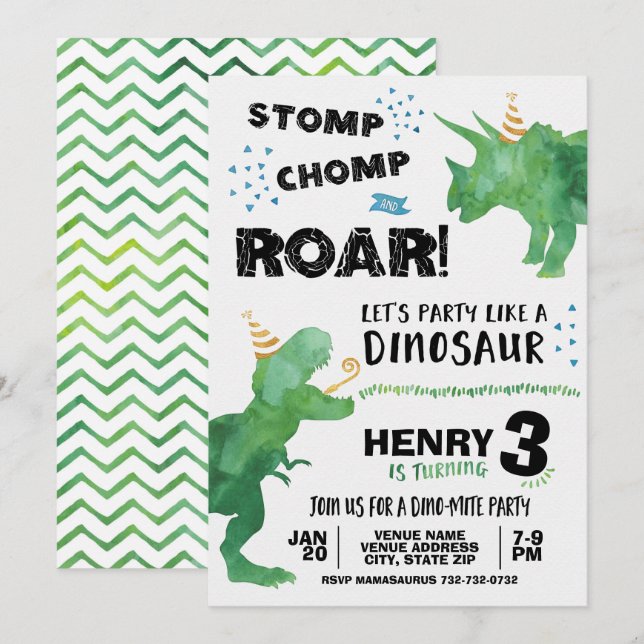 Invitation d'anniversaire de dinosaure T Rex et Tr (Devant / Derrière)