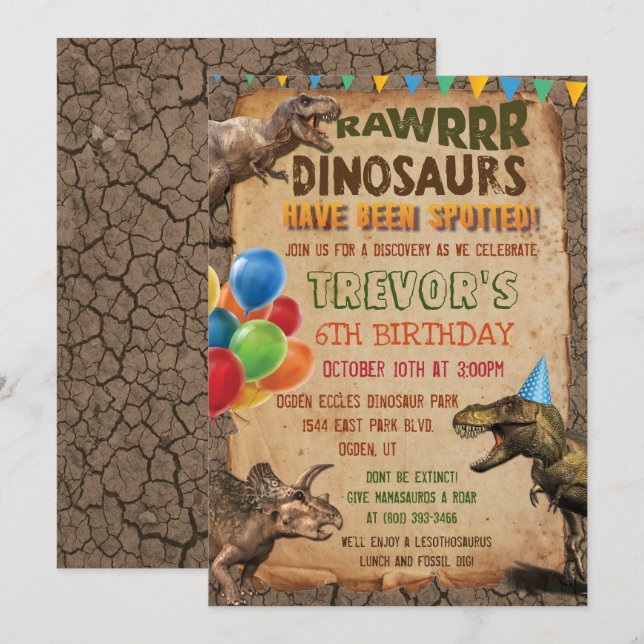 Invitation d'anniversaire de dinosaure - TOUS ÂGES (Devant / Derrière)