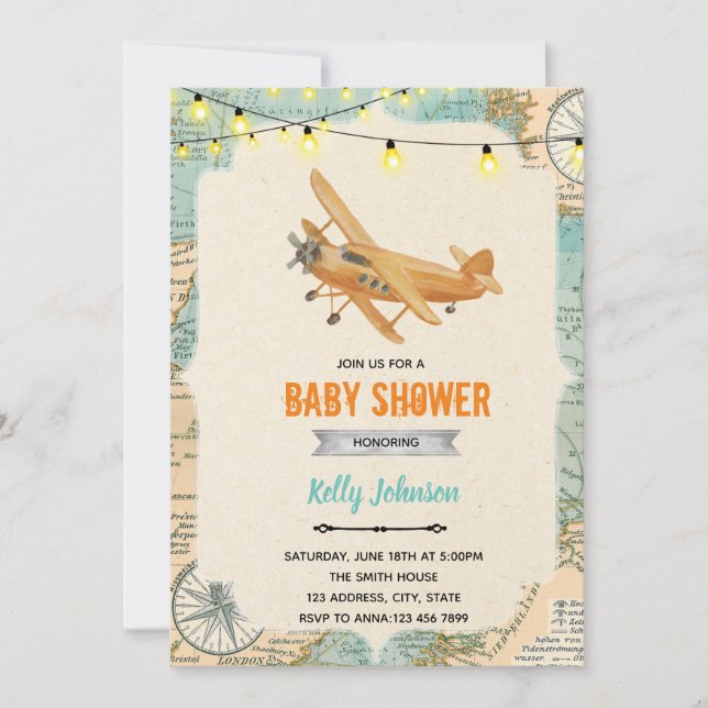 Invitation d'anniversaire de douche d'avion de voy (Devant)
