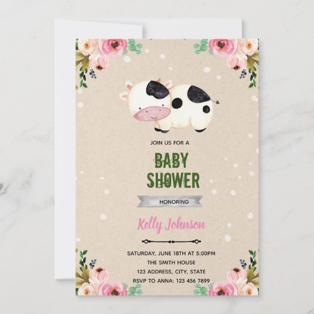 Invitation d'anniversaire de douche de vache de fl (Devant)