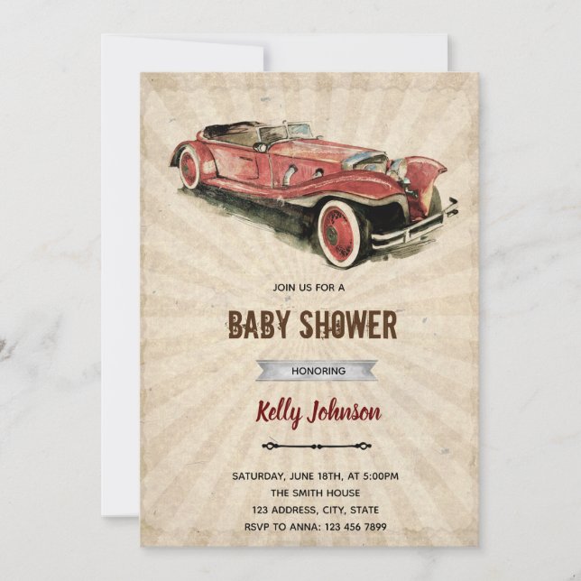 Invitation d'anniversaire de douche de voiture rét (Devant)