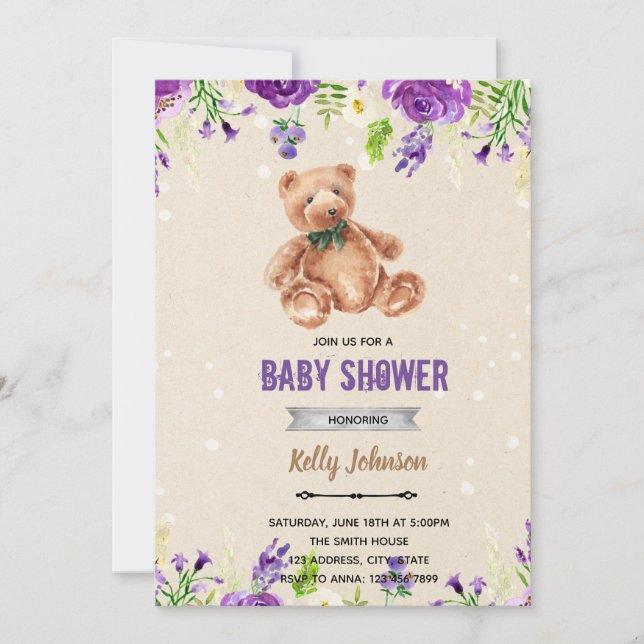 Invitation d'anniversaire de douche d'ours de fleu (Devant)