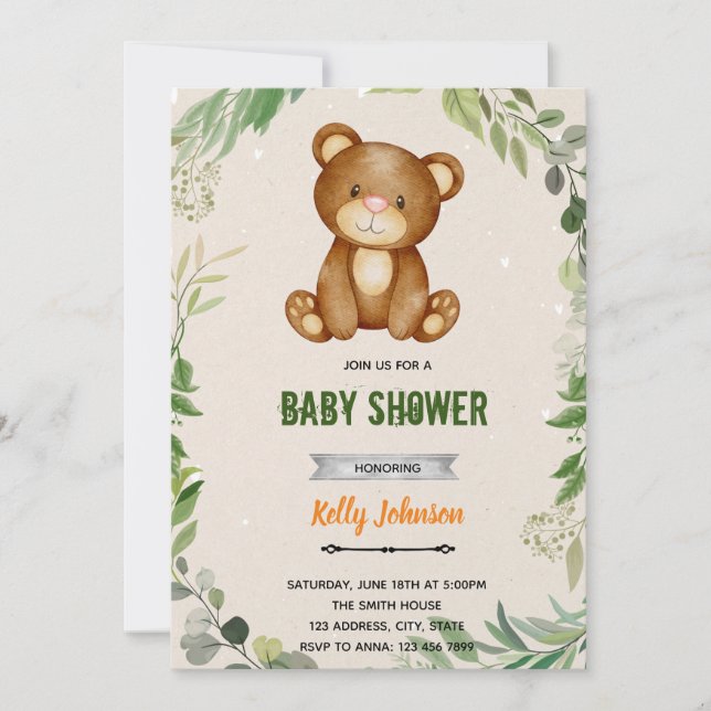 Invitation d'anniversaire de douche d'ours de forê (Devant)