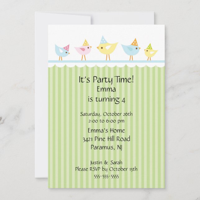 Invitation d'anniversaire de enfant d'oiseaux (Devant)