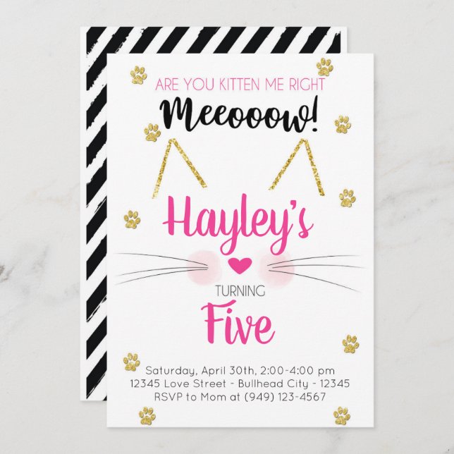 Invitation d'Anniversaire de enfant rose et or Kit (Devant / Derrière)