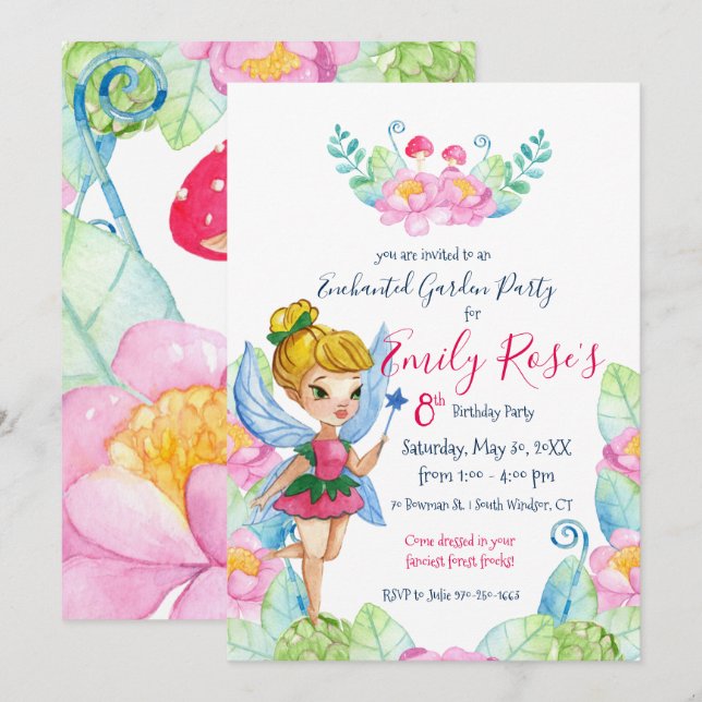 Invitation d'anniversaire de fée de jardin enchant (Devant / Derrière)
