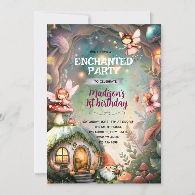 Invitation d'anniversaire de fée de la forêt et de (Devant)